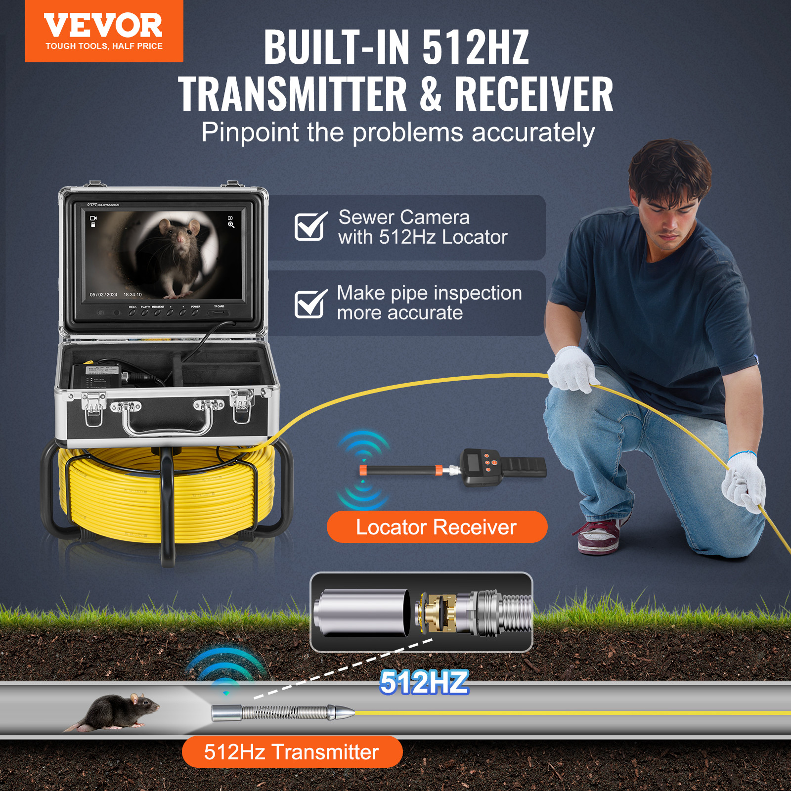 9″ Sewer Camera 98 ft/30 m Self-Leveling Drain Duct Camera with 512Hz Locator