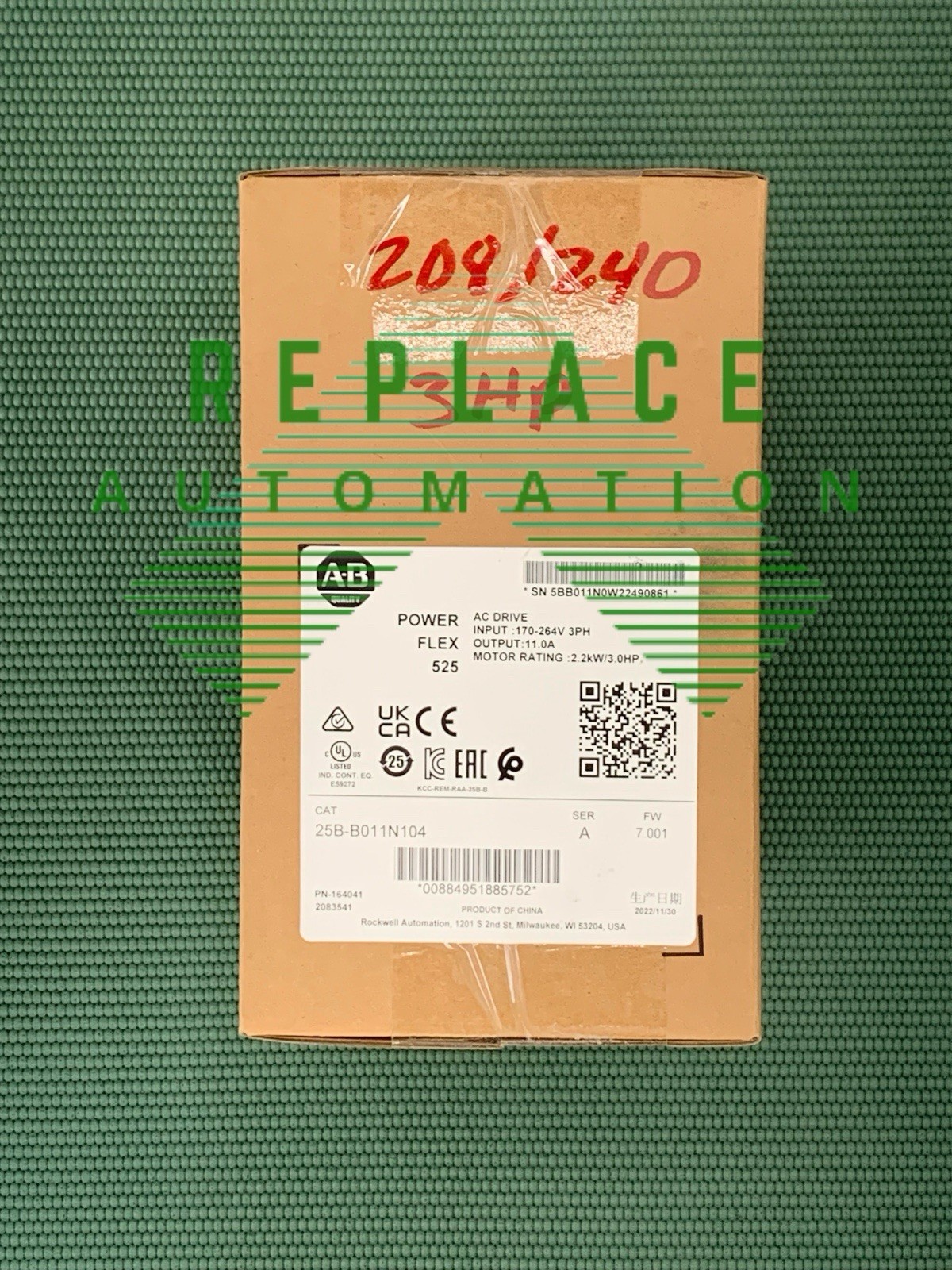 Allen-Bradley 25B-B011N104 Ser A PowerFlex 525 AC Drive 3HP 2022 SURPLUS Sealed
