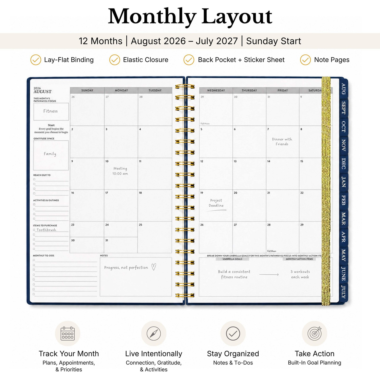2026-2027 Mid-Year Monthly Weekly Spiral Planner B5 August Start Agenda