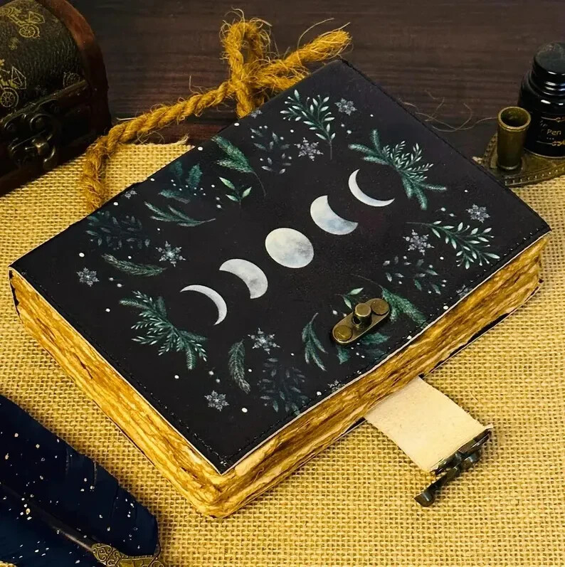 Grimoire Vintage leather journal, Moon Phase Handmade Fat Journal, Blank spell.