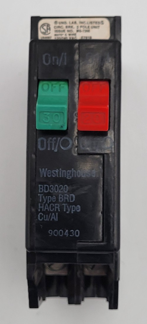 Westinghouse BR3020 30A & 20A 1-Pole 120 V Twin Tandem Circuit Breaker USED