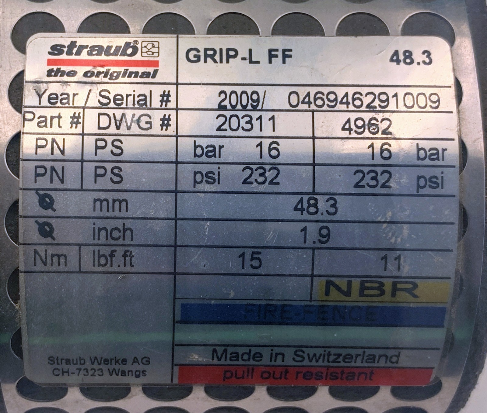 Straub Grip-L FF 1.5 in. Pipe 48.3mm/1.9 in OD NBR Stainless Coupling FIRE-FENCE