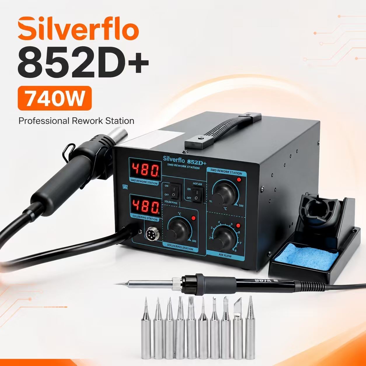 852D+ Soldering & Hot Air Rework Station Stable Air Supply Desoldering Kit