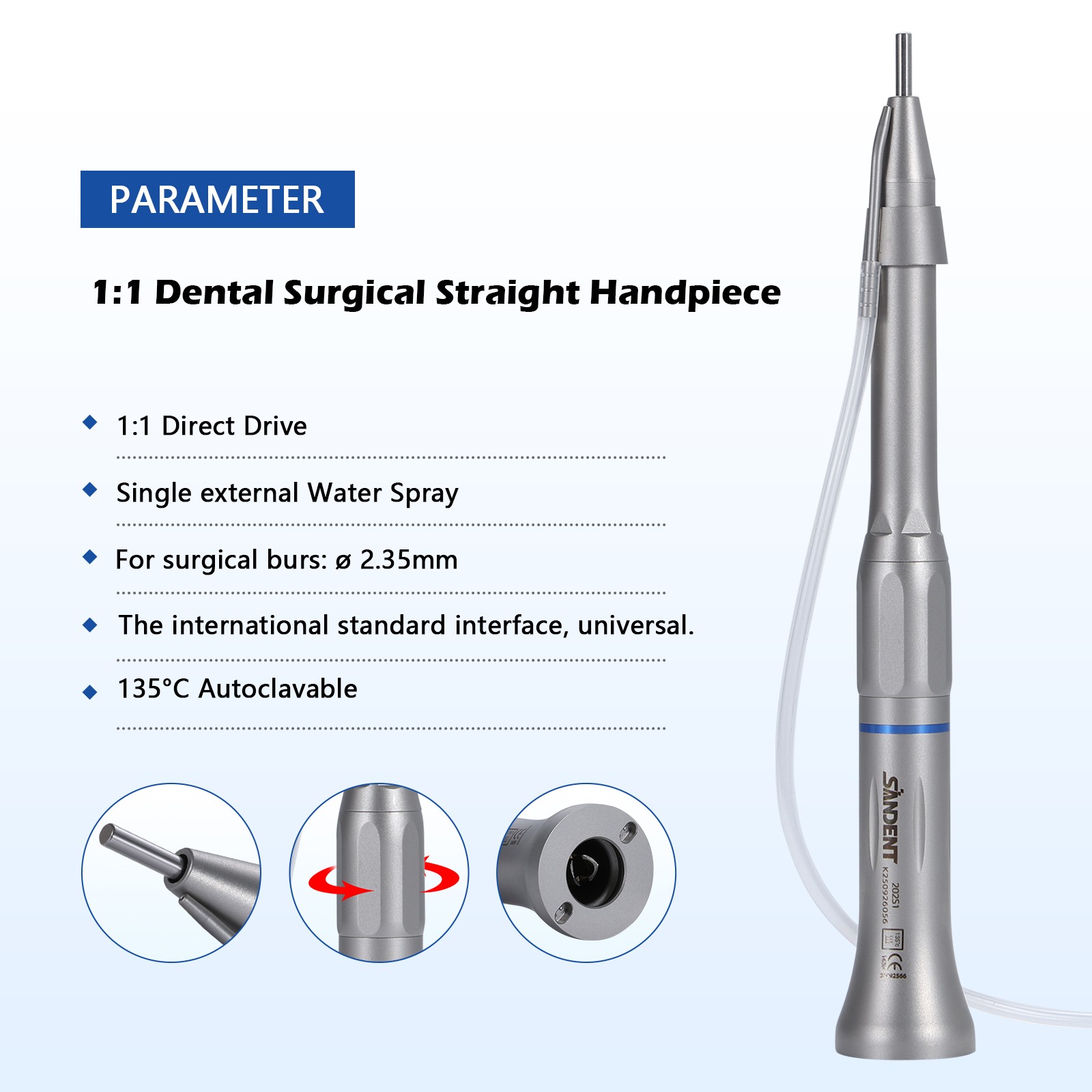 Dental Surgical Straight Cone Handpiece 1:1 Micro Surgery external Water Spray