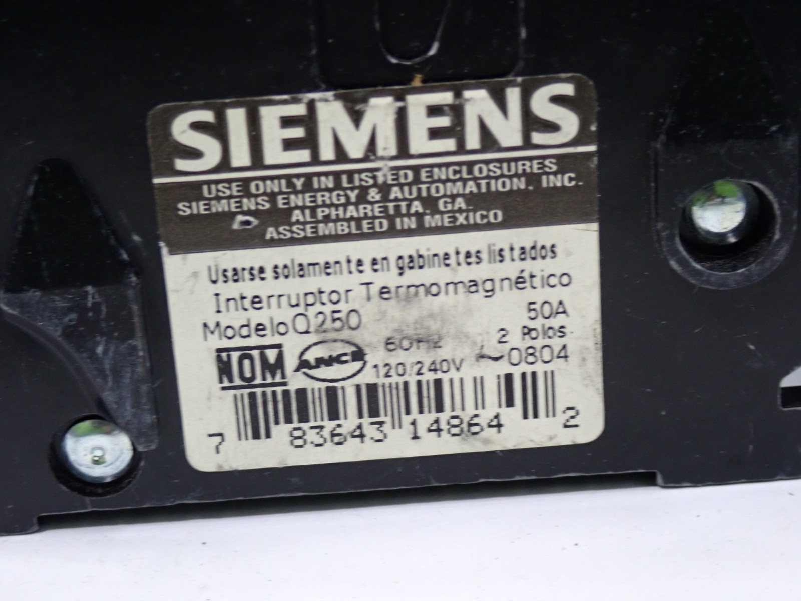 Siemens Q250 2 Pole 50 Amp 120/240 Volt Plug On Circuit Breaker Tested