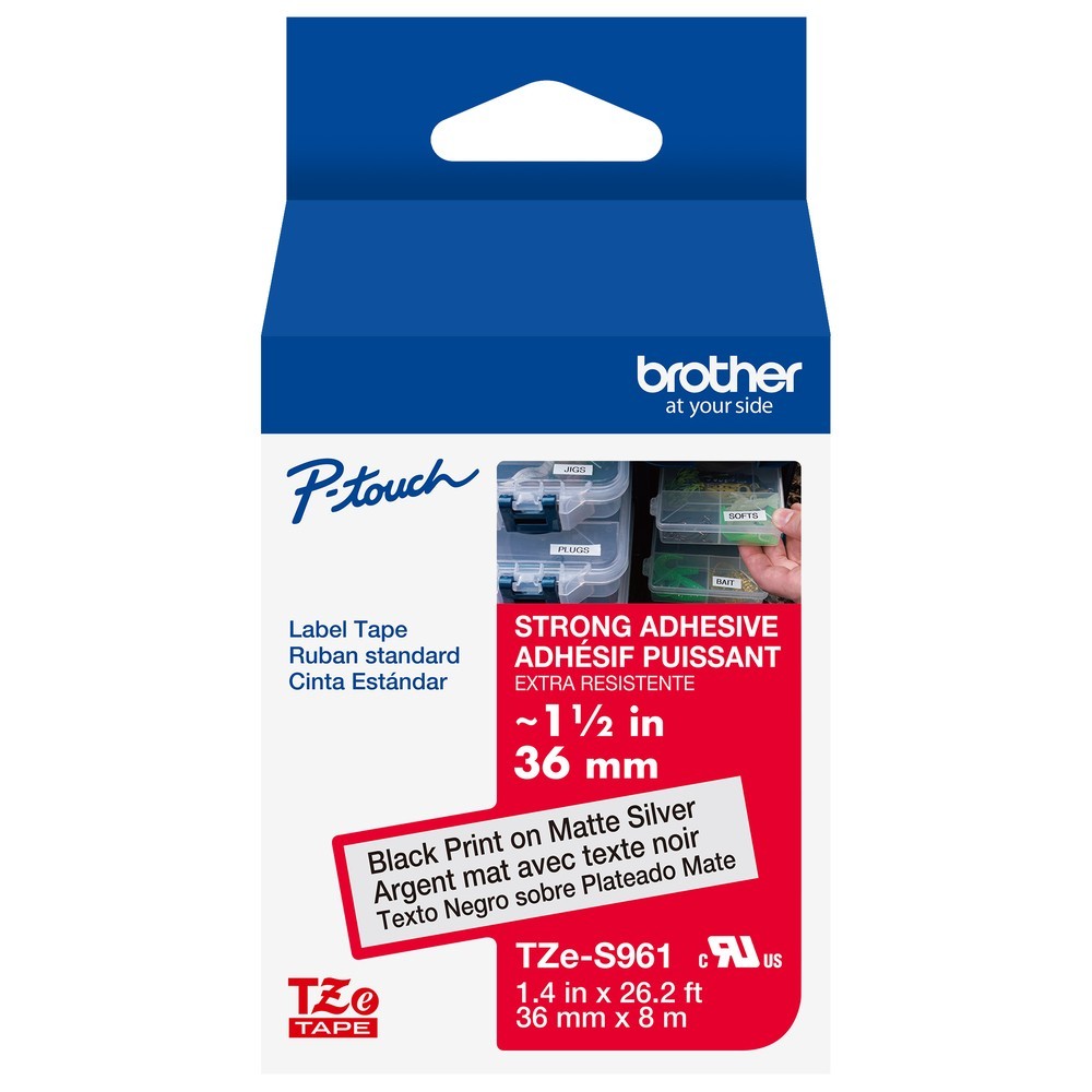 Genuine Brother TZe-S961 Strong Adhesive Black on Silver 36mm 1 1/2″ Label Tape
