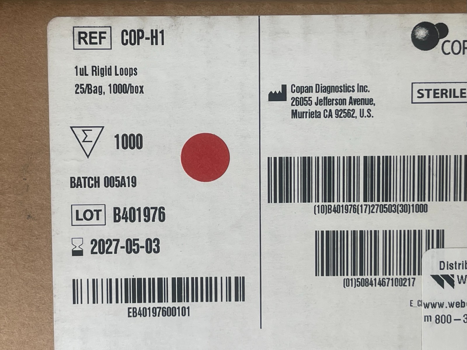 COPAN 1µL Rigid Loops COP-H1 1000 Per Box Exp. Date 2027-05-03