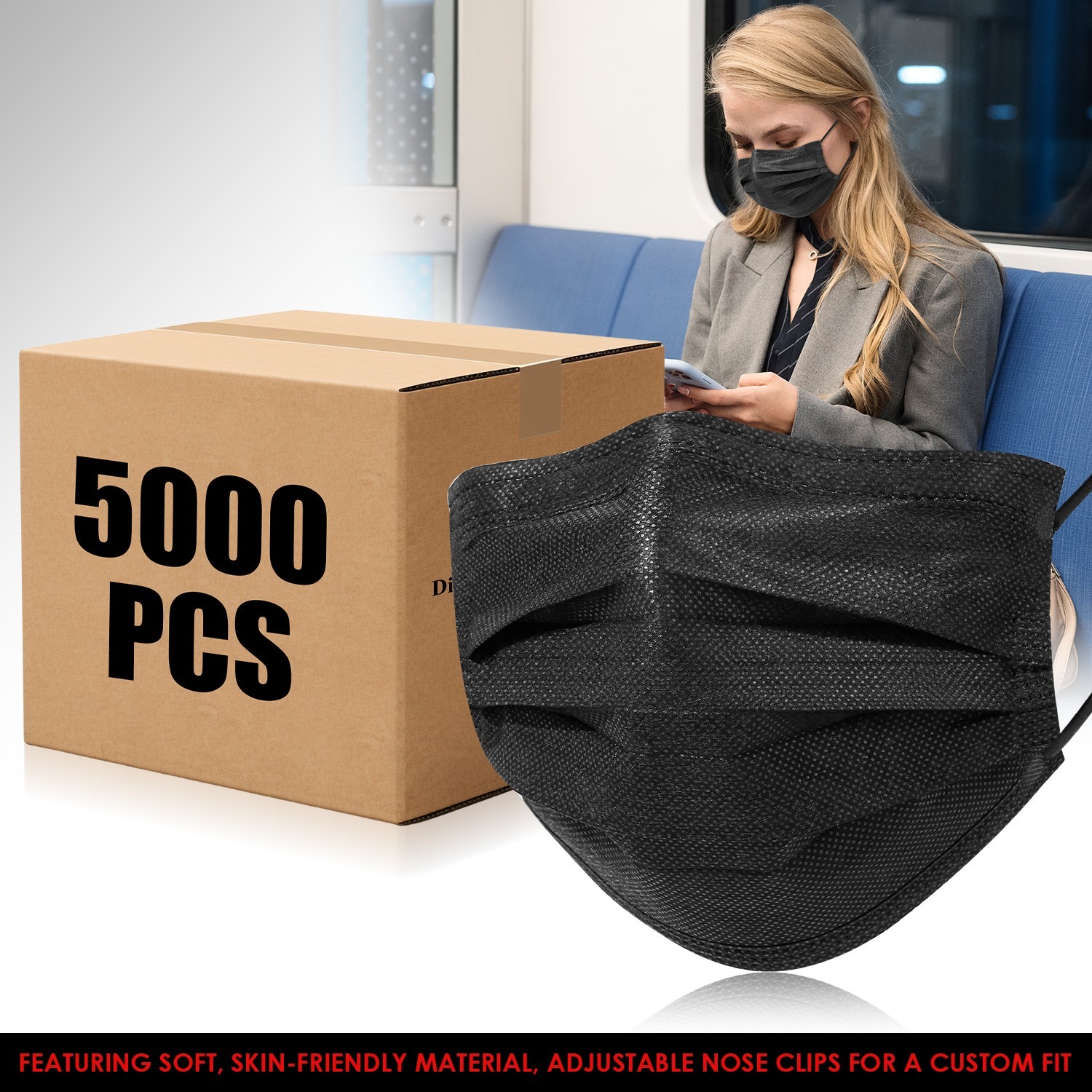 Case of 100 Boxes (5000Pcs) – Black Disposable Face Masks 3-Ply Earloop Cover