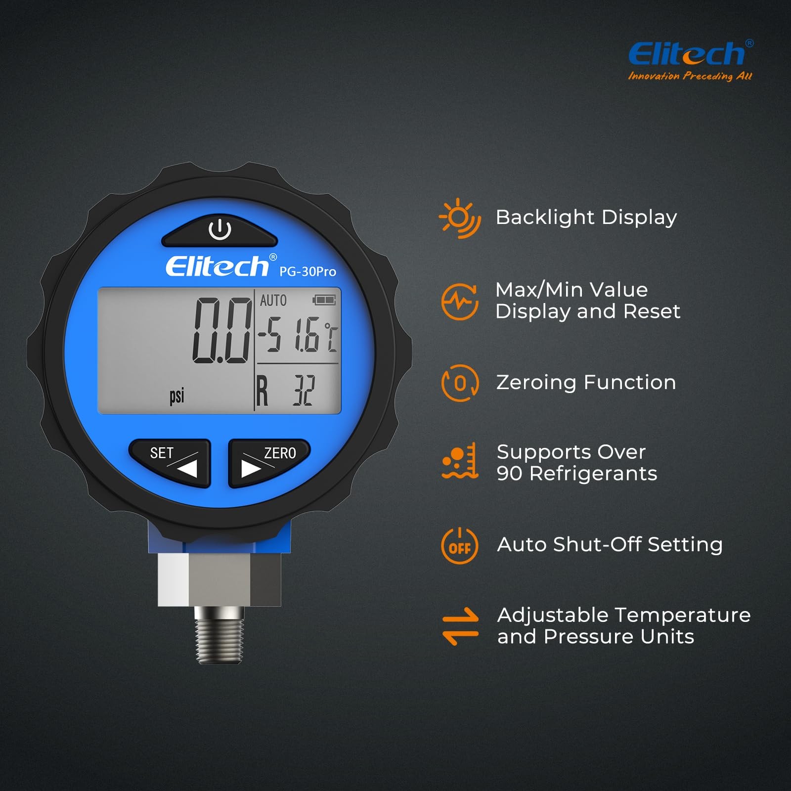 Elitech PG-30Pro Blue Refrigeration HVAC Digital Pressure Gauge