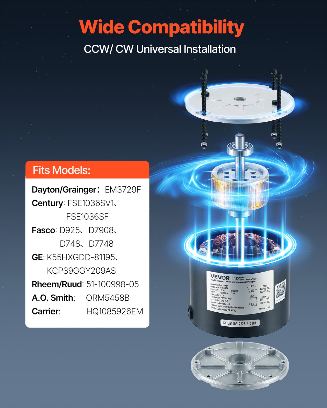 VEVOR Condenser Fan Motor with Capacitor 1/3HP 1075RPM 208-230V CW/CCW Rotation