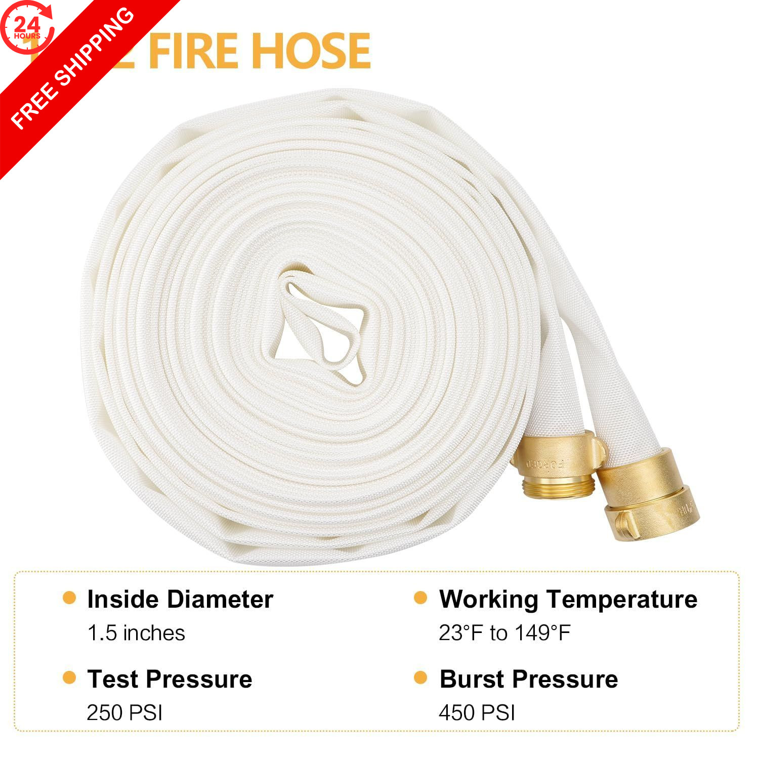 Venussar Fire Hose,1-1/2″ ID X 75 FT, Single 1-1/2″ X 75 FT(NST/NH), White