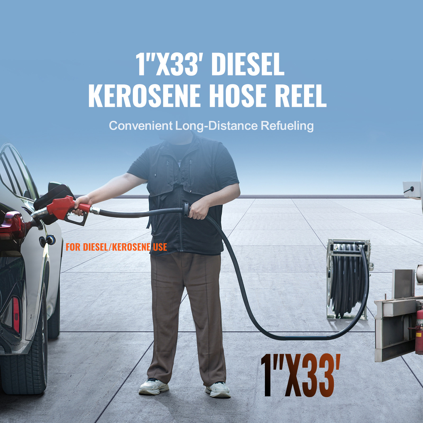 Fuel Hose Reel Retractable Diesel Hose Reel 1″ x 33′ Auto Refueling Nozzle