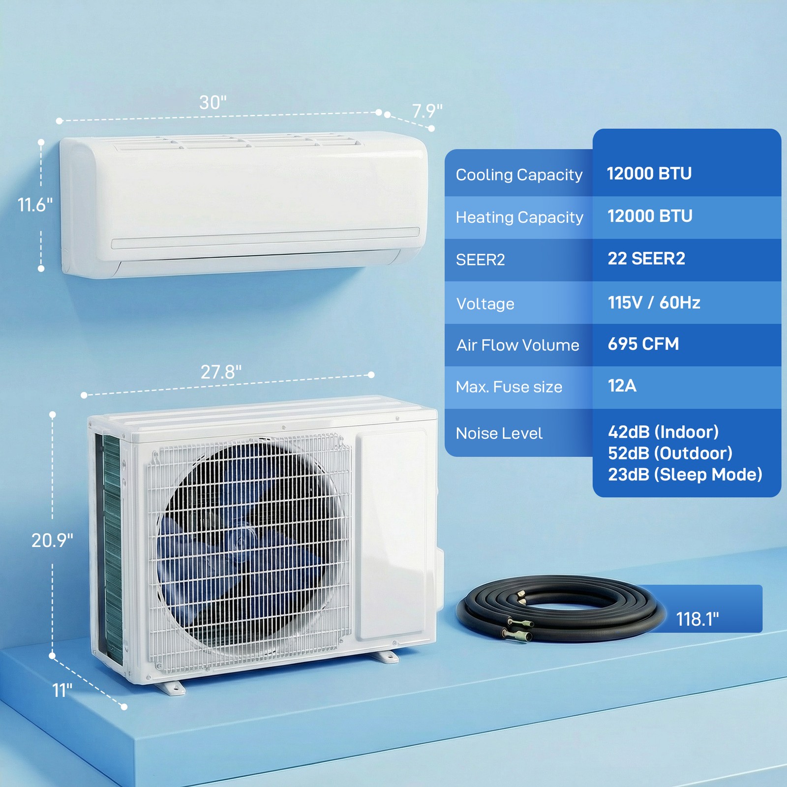 HOMCOM 12000 BTU Mini Split Air Conditioner, 22 SEER2 115V Ductless AC Unit