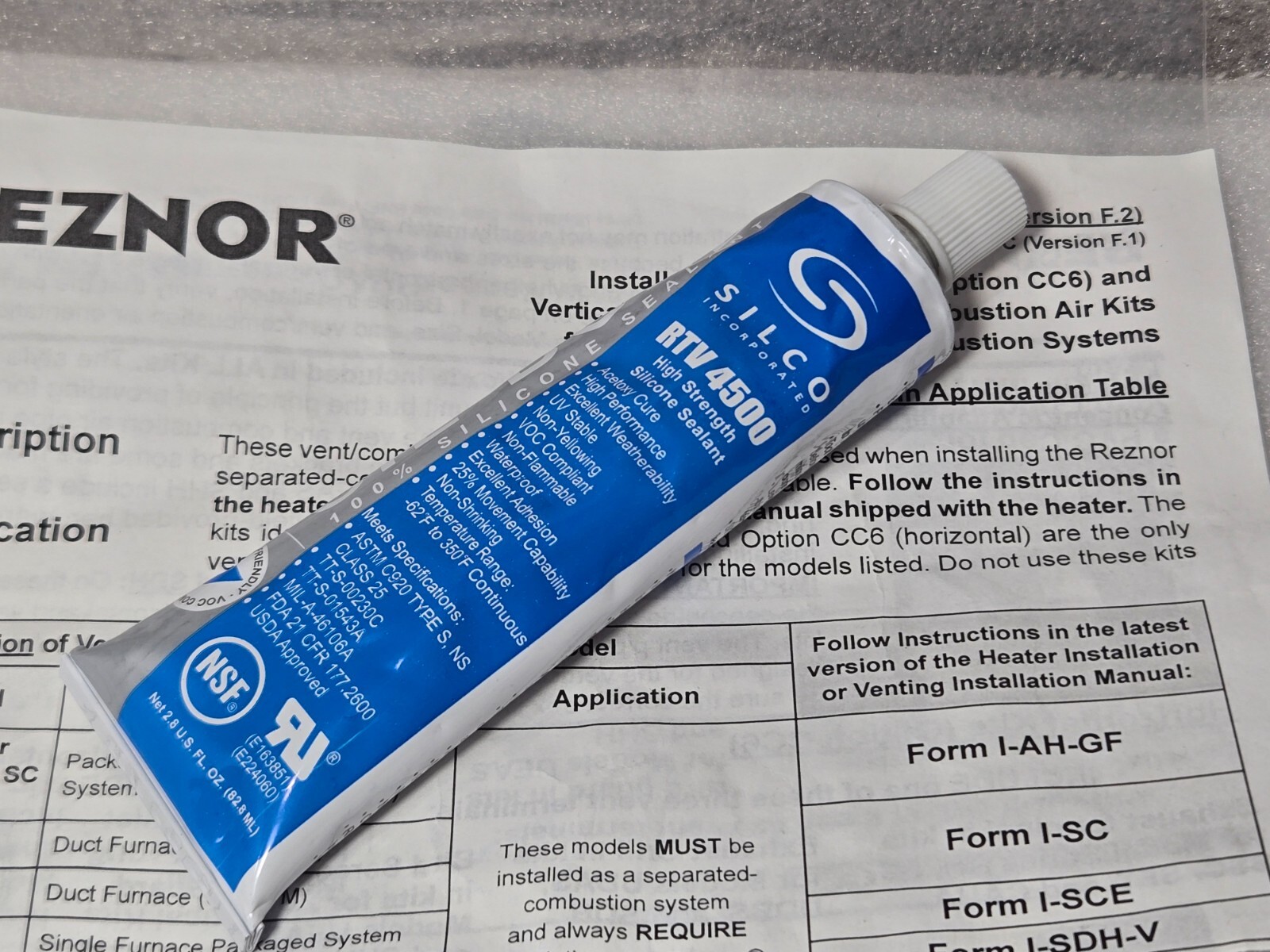 3 SILCO RTV 4500 High Strength Silicone Sealant NSF Grade, for REZNOR HVAC Vents