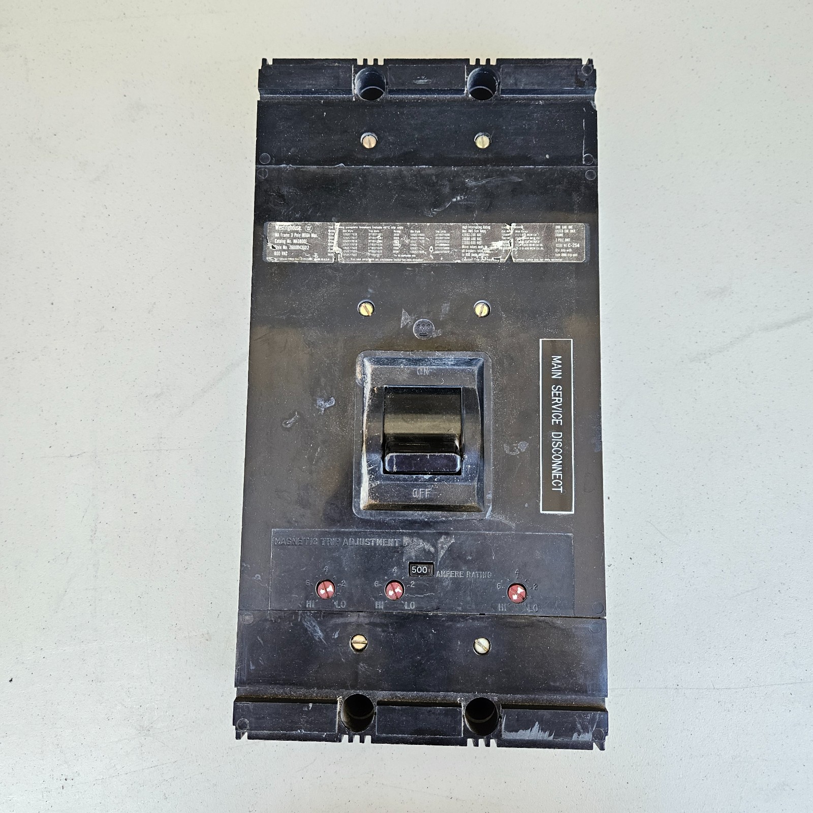 MA3800F 800A Breaker 600V w/500A Trip Unit – Westinghouse