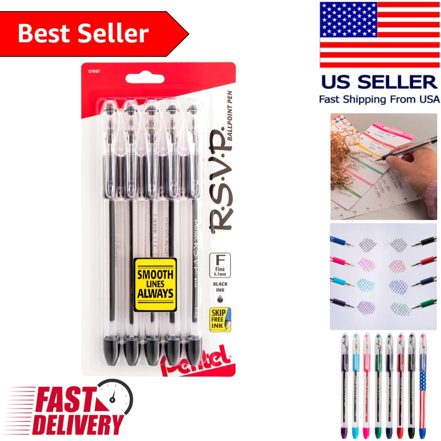 Ergonomic RSVP Ballpoint Pen Set – Black Ink 0.7mm, Pack of 5 for Everyday Use