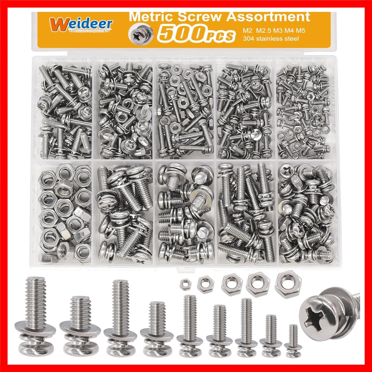 500Pcs Nut and Bolt Assortment Kit,M2 M2.5 M3 M4 M5 Machine Screws, 304 Stainles