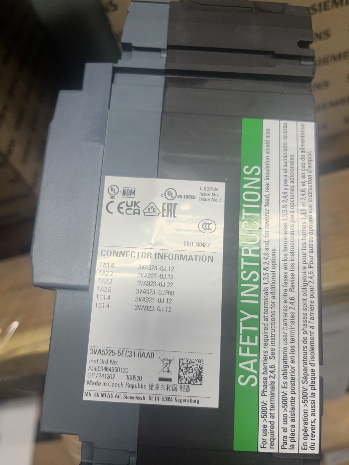 3VA5225-5EC31-0AA0 Siemens 250a 3P 480v Breaker replaces FXD63B250