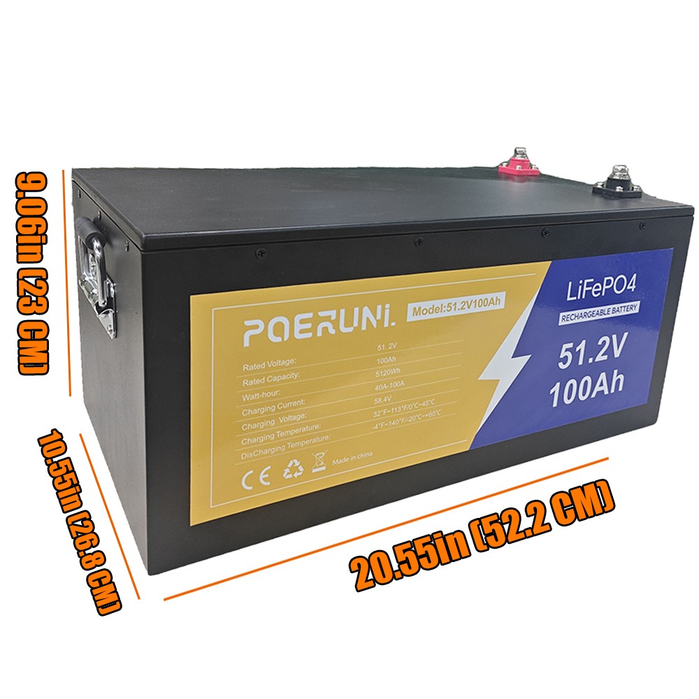 POERUNI 48V 100AH LiFePO4 Lithium Battery with 20A Charger Metal Case Golf Cart