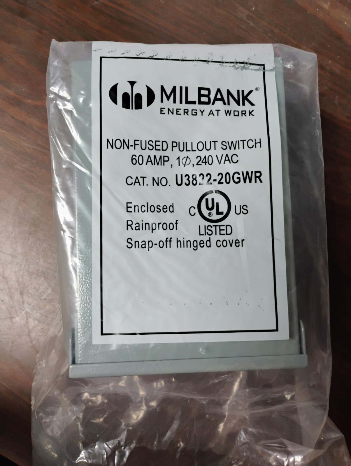 MILBANK U3822-20GWR PULL-OUT DISCONNECT SWITCH 60 AMP 2-POLE NON-FUSED NEW