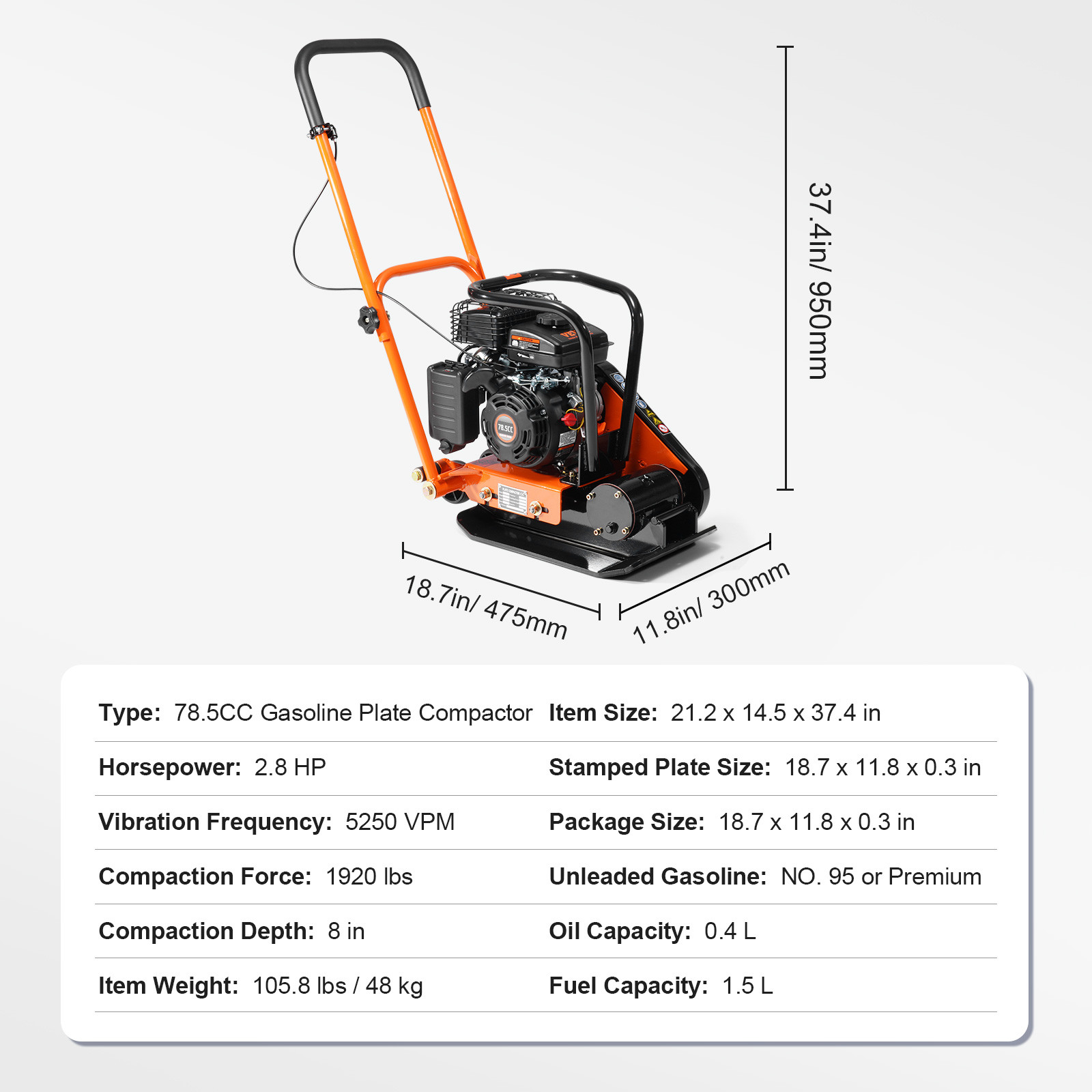 VEVOR Plate Compactor 2.8HP Plate Tamper Walk-Behind Rammer 1920lbs Compaction