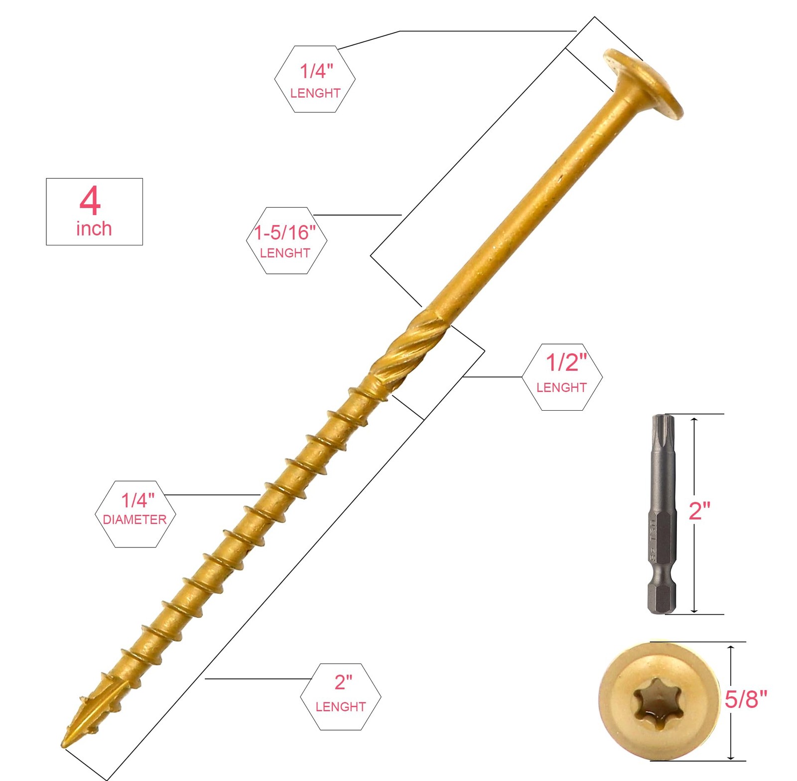 Construction Lag Screws T30 Decking Screws #14 x 4 Inches Structural Wood Scr