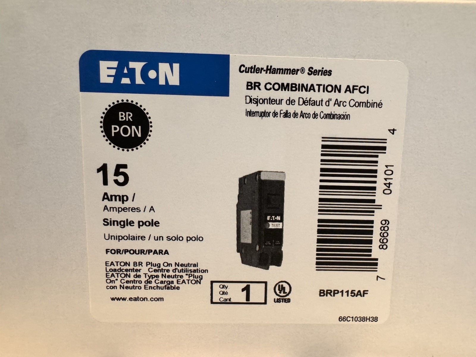 Eaton BRP115AF BRP115AFCS 15 Amp 1 Pole AFCI Plug-On Neutral Circuit Breaker NEW