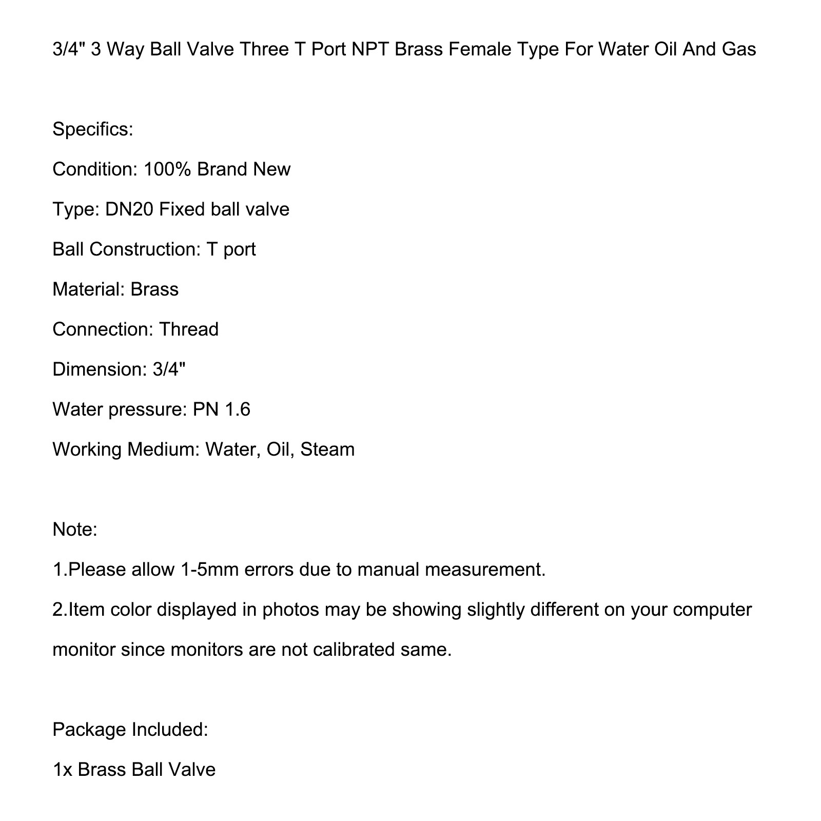 🚀G3/4″ 3 Way Ball Valve Three T Port Brass Female Type For Water Oil And Gas