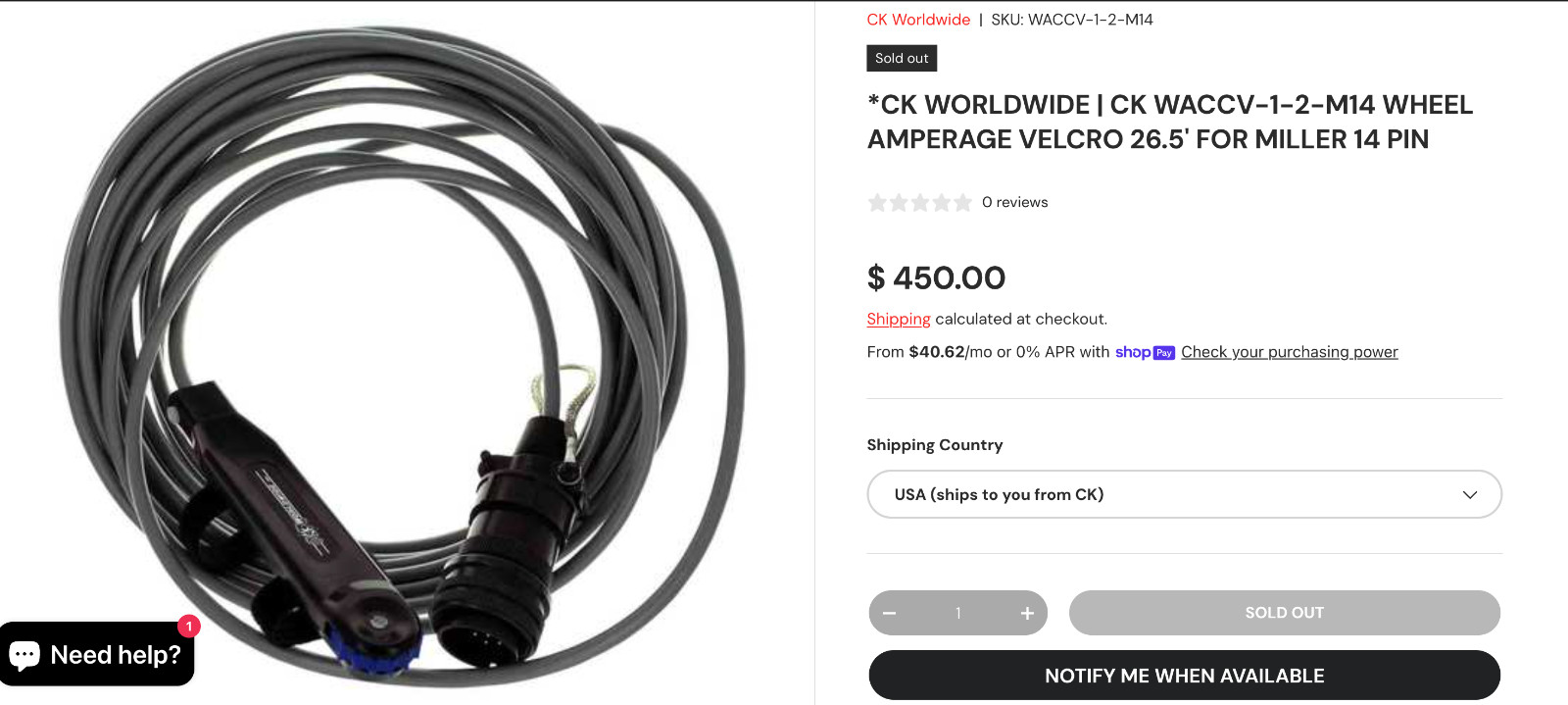 *CK Worldwide | CK WACCV-1-2-M14 Wheel Amperage 26.5′ for Miller 14 pin