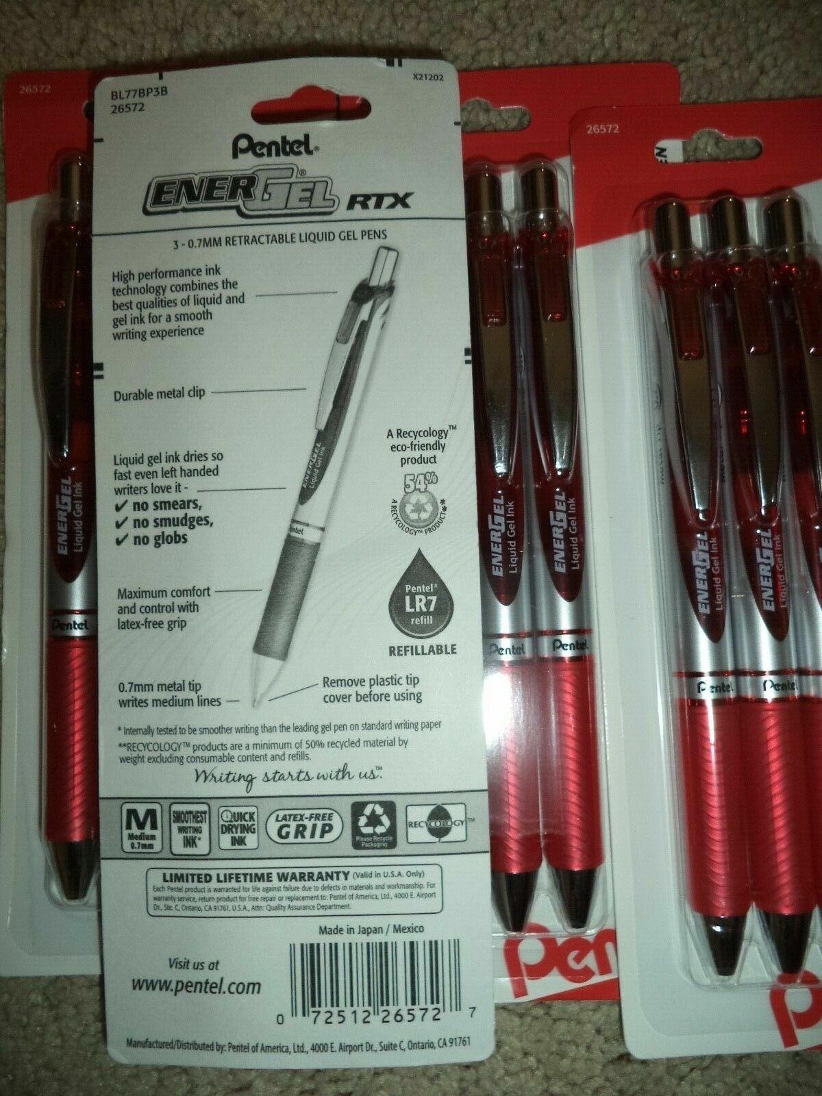 3 Pentel EnerGel RTX Retractable Gel Pens M 0.7mm RED Ink LIQUID GEL PEN MEDIUM