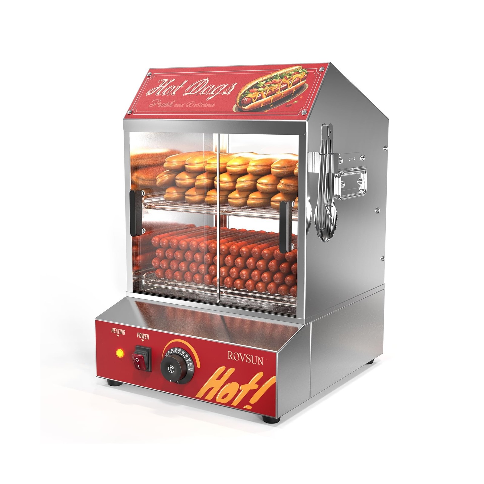 ROVSUN 31.7QT/30L Hot Dog Steamer, 2-Tier Hot Dog Hut Steamer with 175 Hot Do…