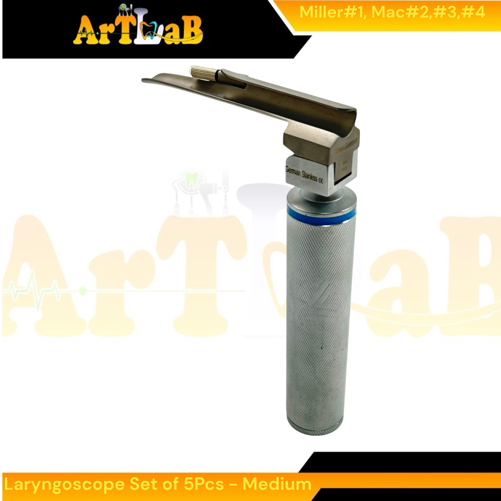 EMT Laryngoscope Kit with Mac Blades #2, #3, #4 + Miller Blade #1, Med Handle
