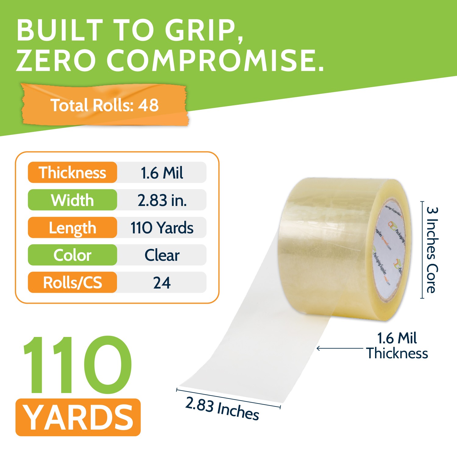 3″ x 110 Yards (330′ ft) Clear Packing Tape 1.6 Mil Carton Seal Tapes 48 Rolls