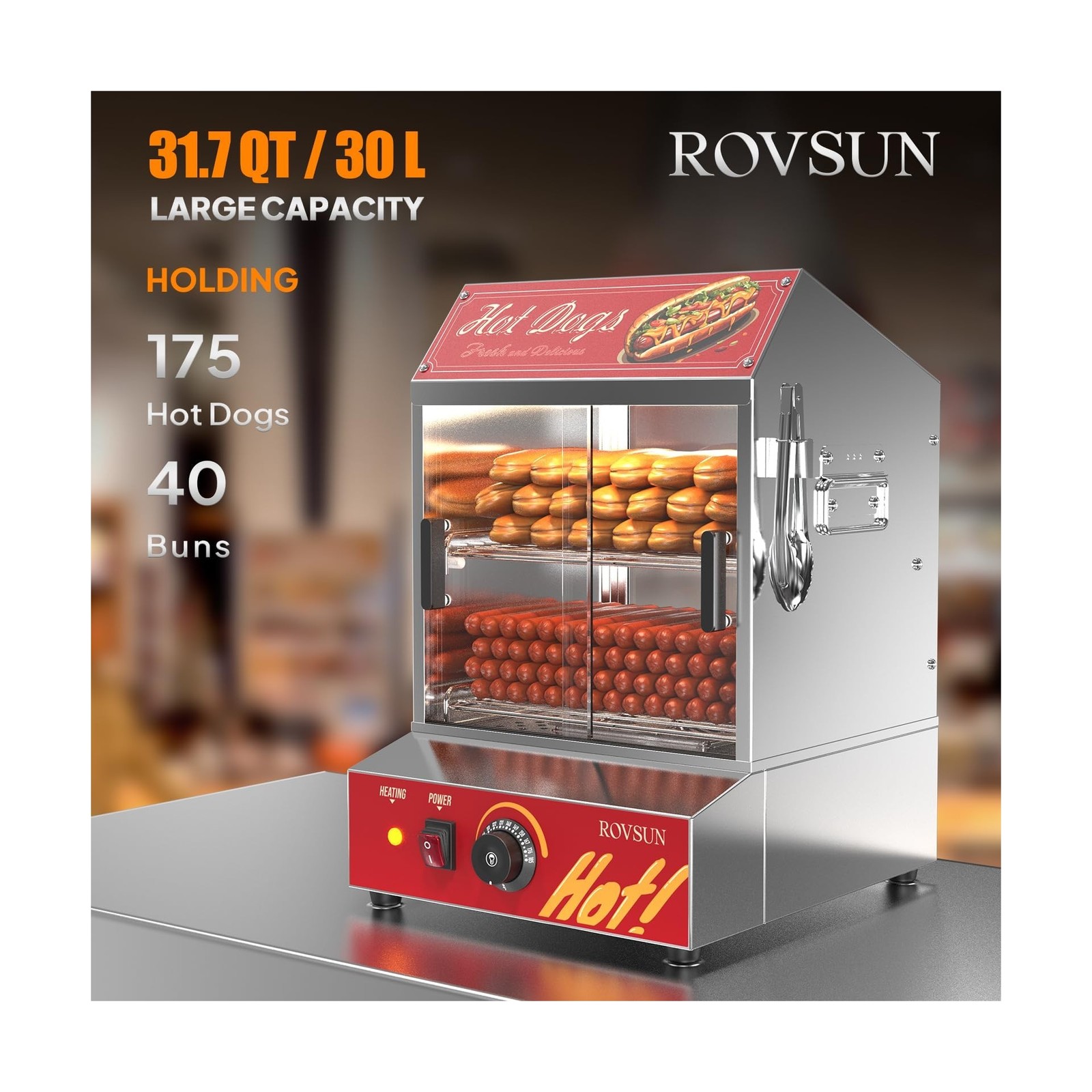 ROVSUN 31.7QT/30L Hot Dog Steamer, 2-Tier Hot Dog Hut Steamer with 175 Hot Do…