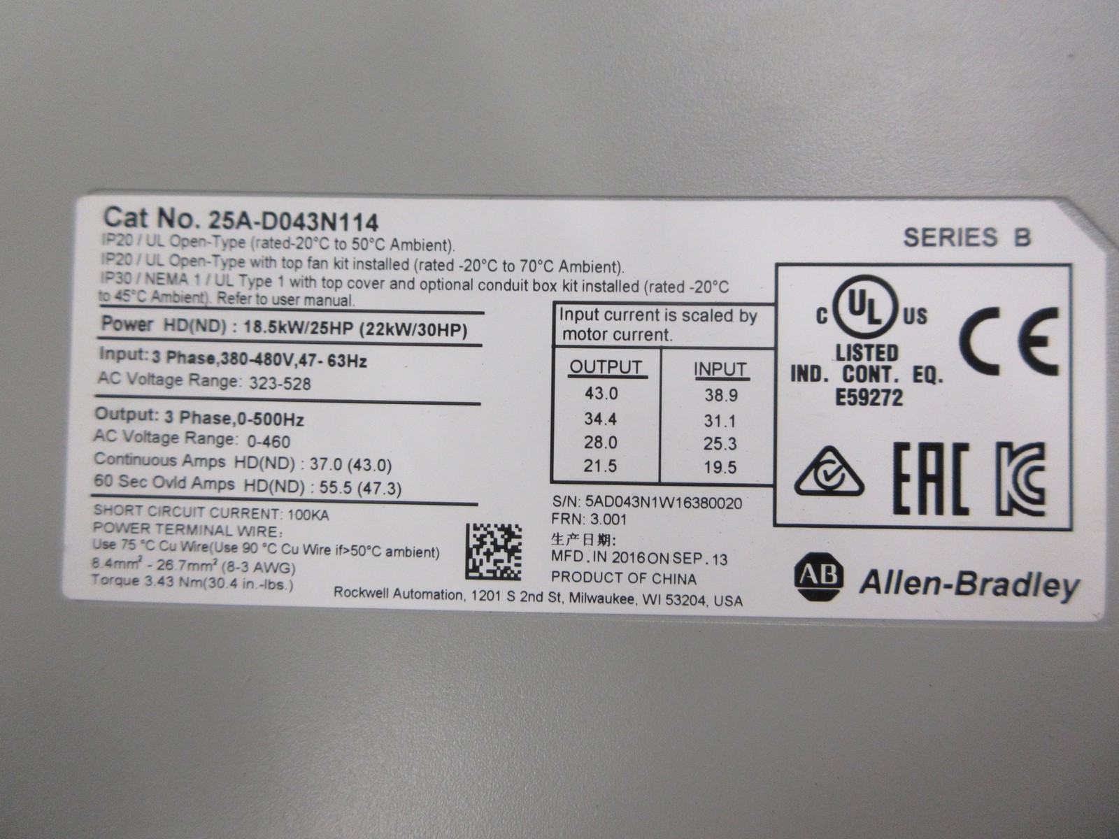Allen-Bradley PowerFlex 525 AC Drive 25B-D043N114 Ser. B 30HP 3Ph Used
