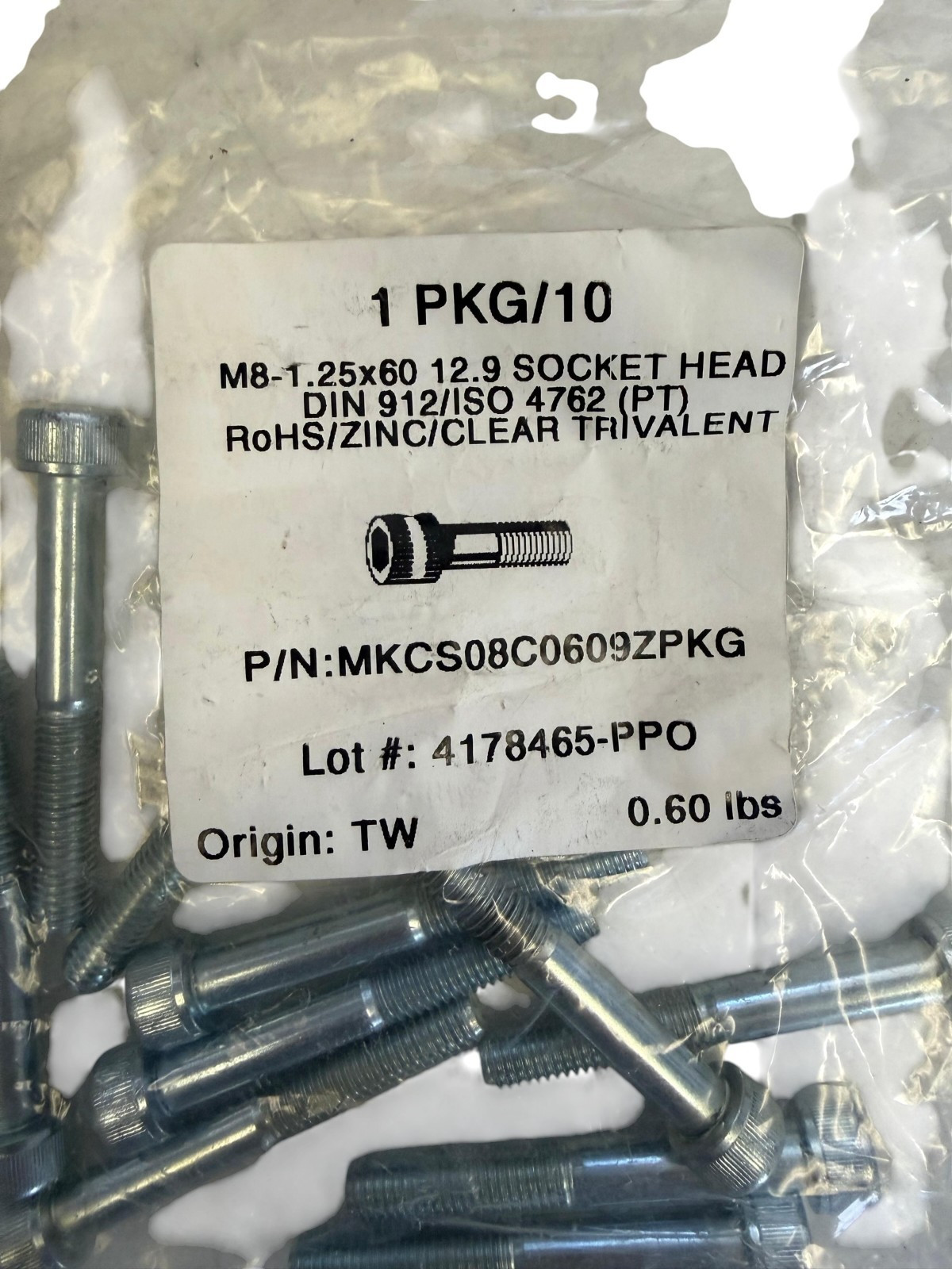 M8-1.25×60 Socket Head Cap Screws DIN 912 ISO 4762 12.9 Zinc 10 Pack