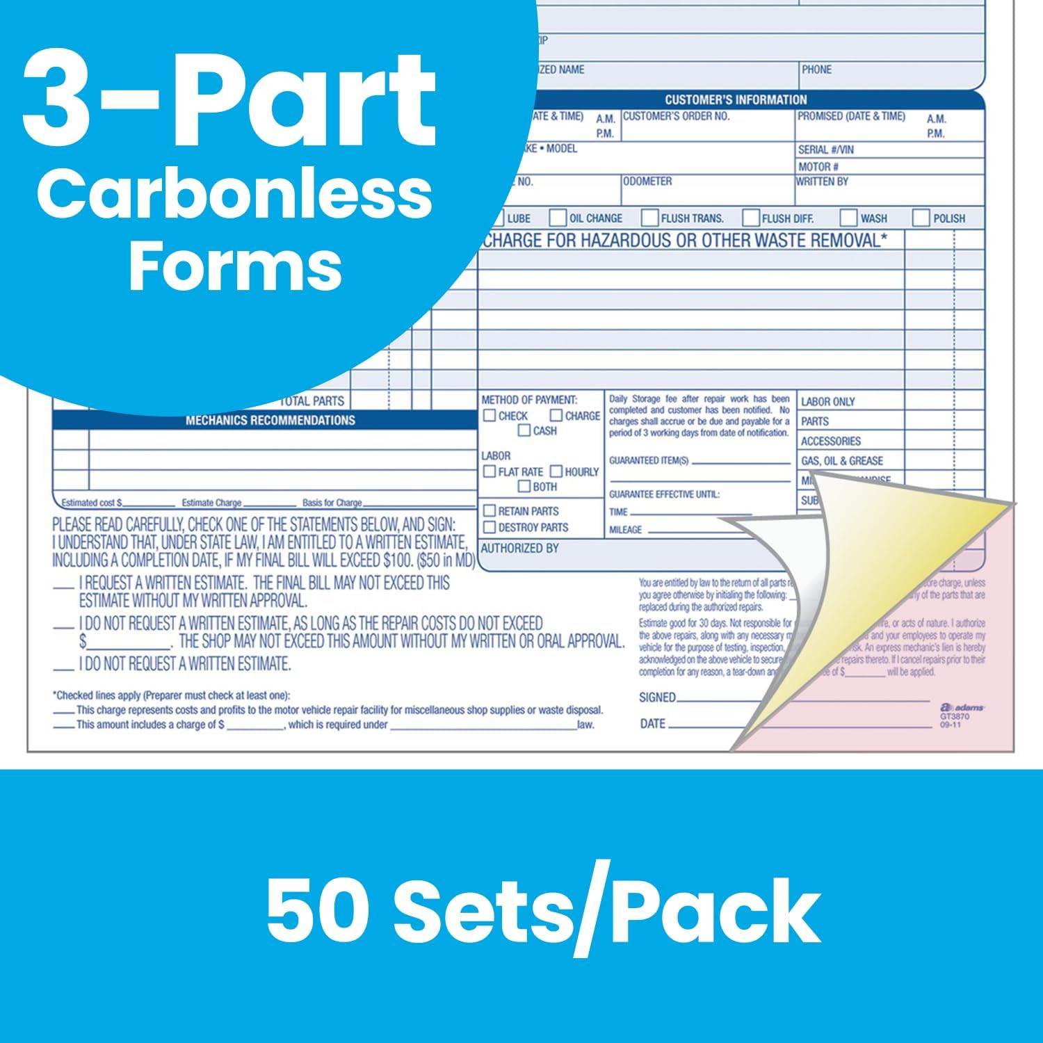 Adams Auto Repair Order Forms, 8.5 X 7.44 Inch, 3-Part, Carbonless, 50-Pack, Whi