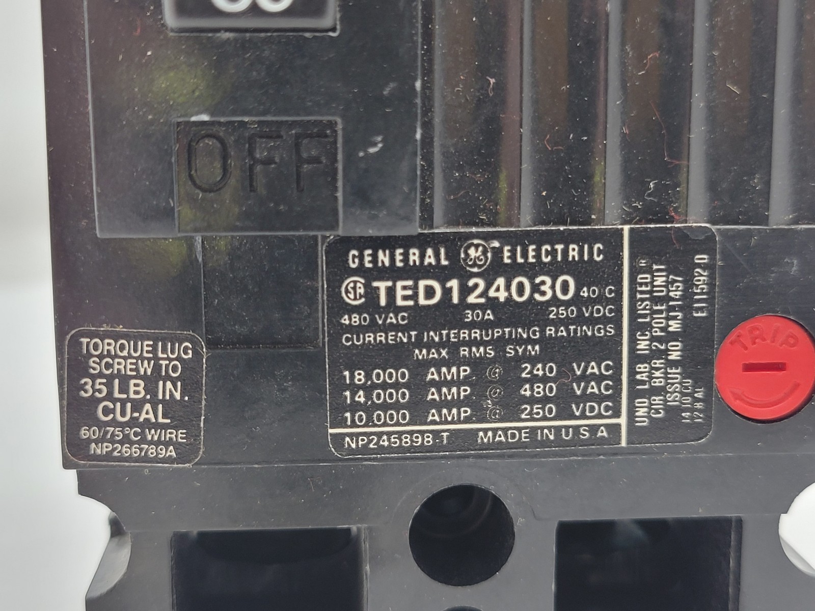 General Electric TED124030 Bolt-On Circuit Breaker 30A 2P 480V 14KA TED Black