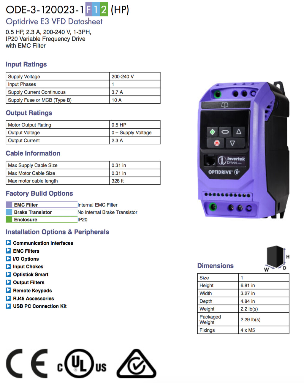 ODE-3-120023-1F12 – Invertek VFD – 0.5HP 2.3A 200V-240V 1Ph/3Ph – VFDexchange