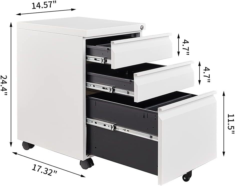 3 Drawer File Cabinet with Lock,Office Rolling Filing Cabinet Storage Under Desk
