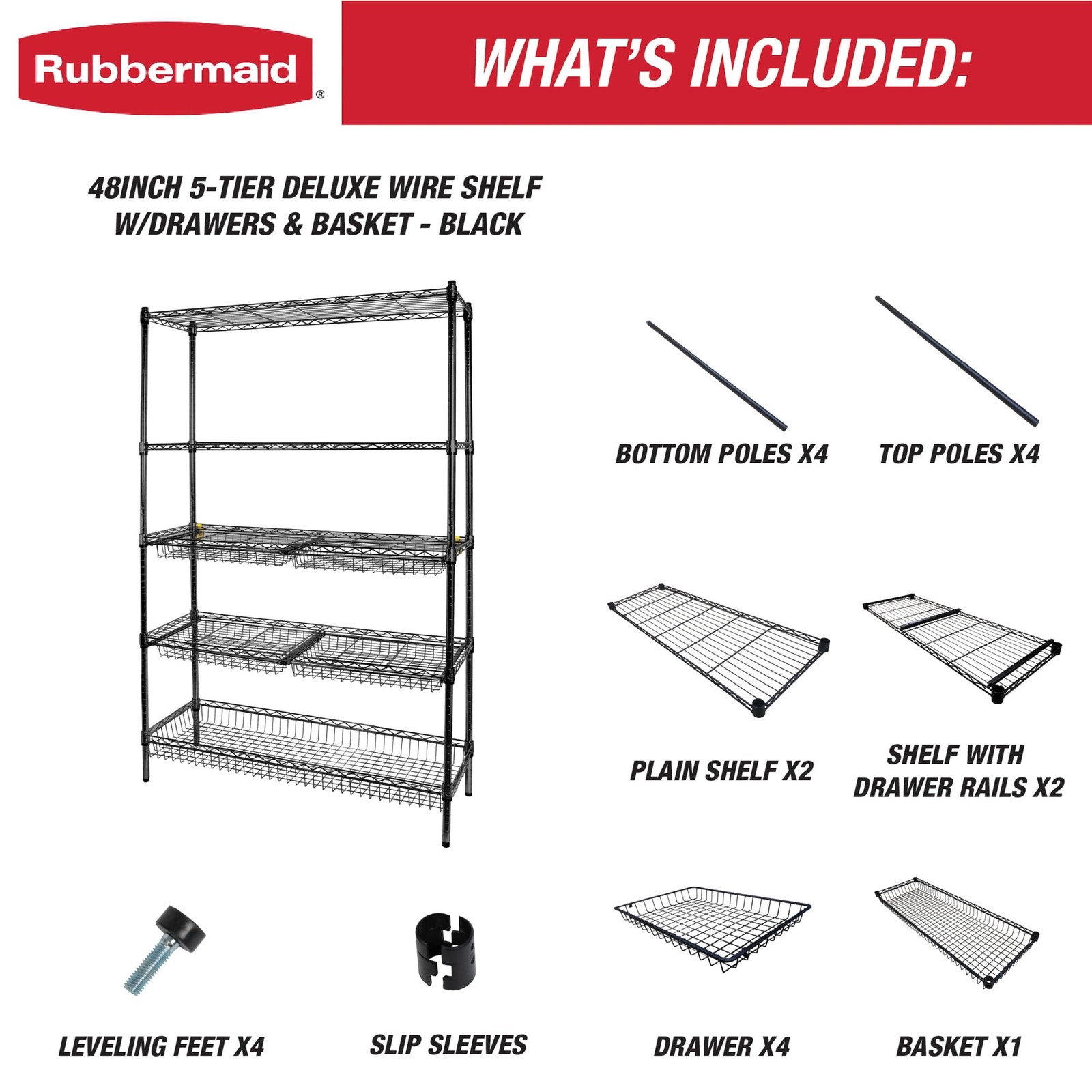 Rubbermaid 85030B 5-Tier Deluxe Heavy Duty Black Wire Shelving Unit with Drawers