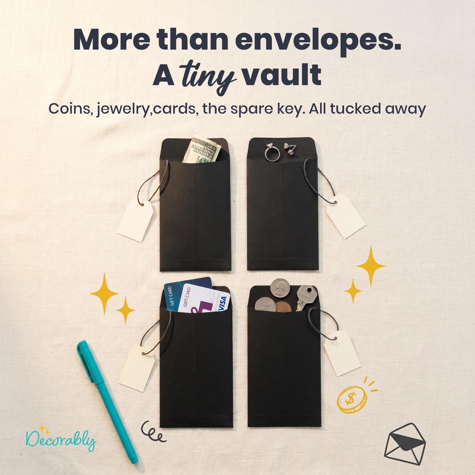 Decorably 110 Pack Black Cash Envelopes for Money, 6.5 3.5×6.5 inches,