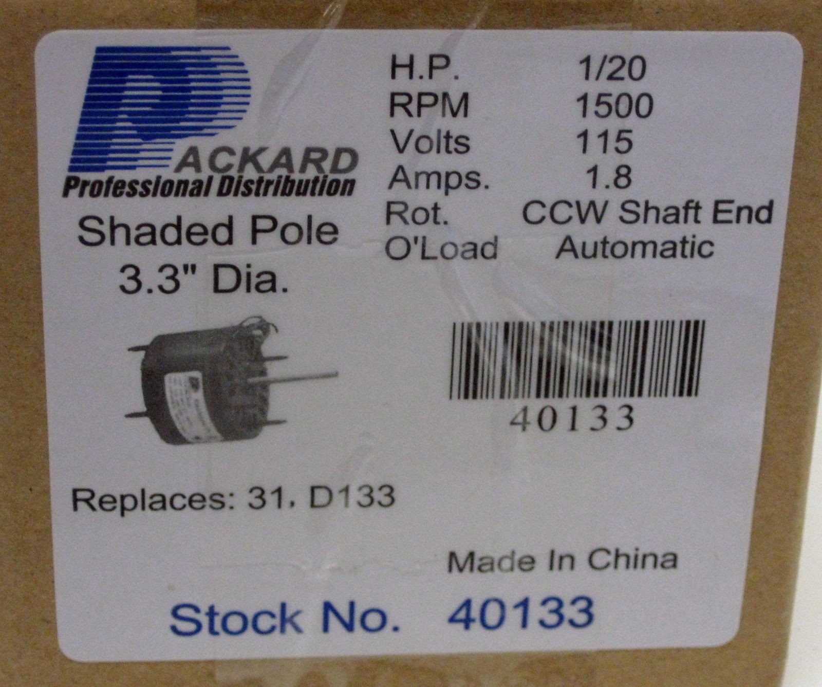 40133 3.3″ Motor 1/20 HP 1500 RPM 115 Volts CCW Rotation Replaces Fasco D133