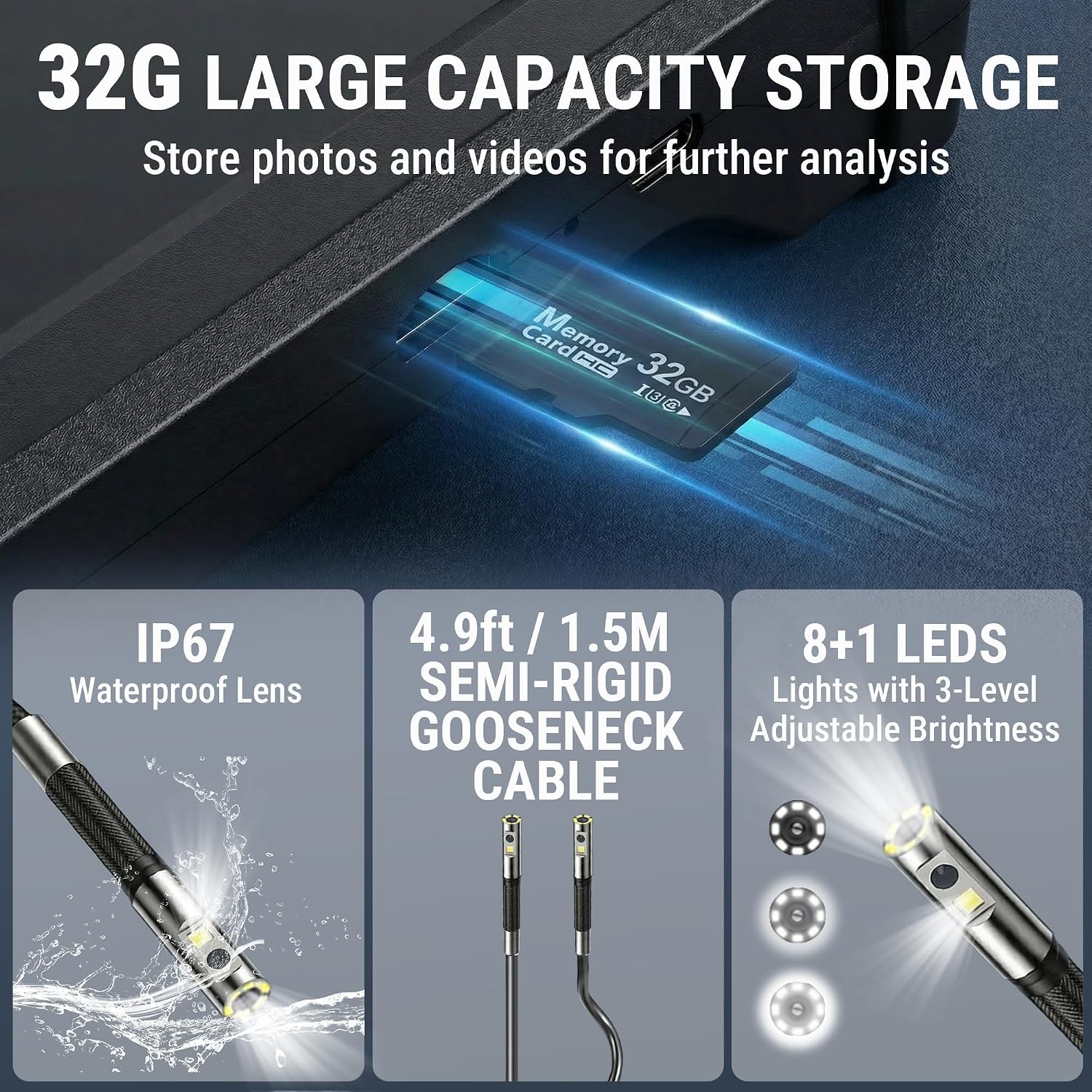 4.9FT Dual Lens Articulating Borescope Camera with 5″ IPS Screen, 720P HD