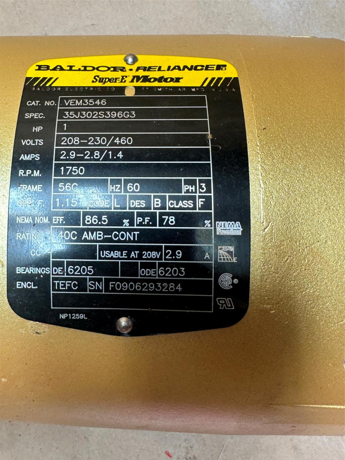 New Baldor Super-E Motor VEM3546 1HP 208-230/460V, 2.9-2.8/1/4A 1750RPM 56C 3PH