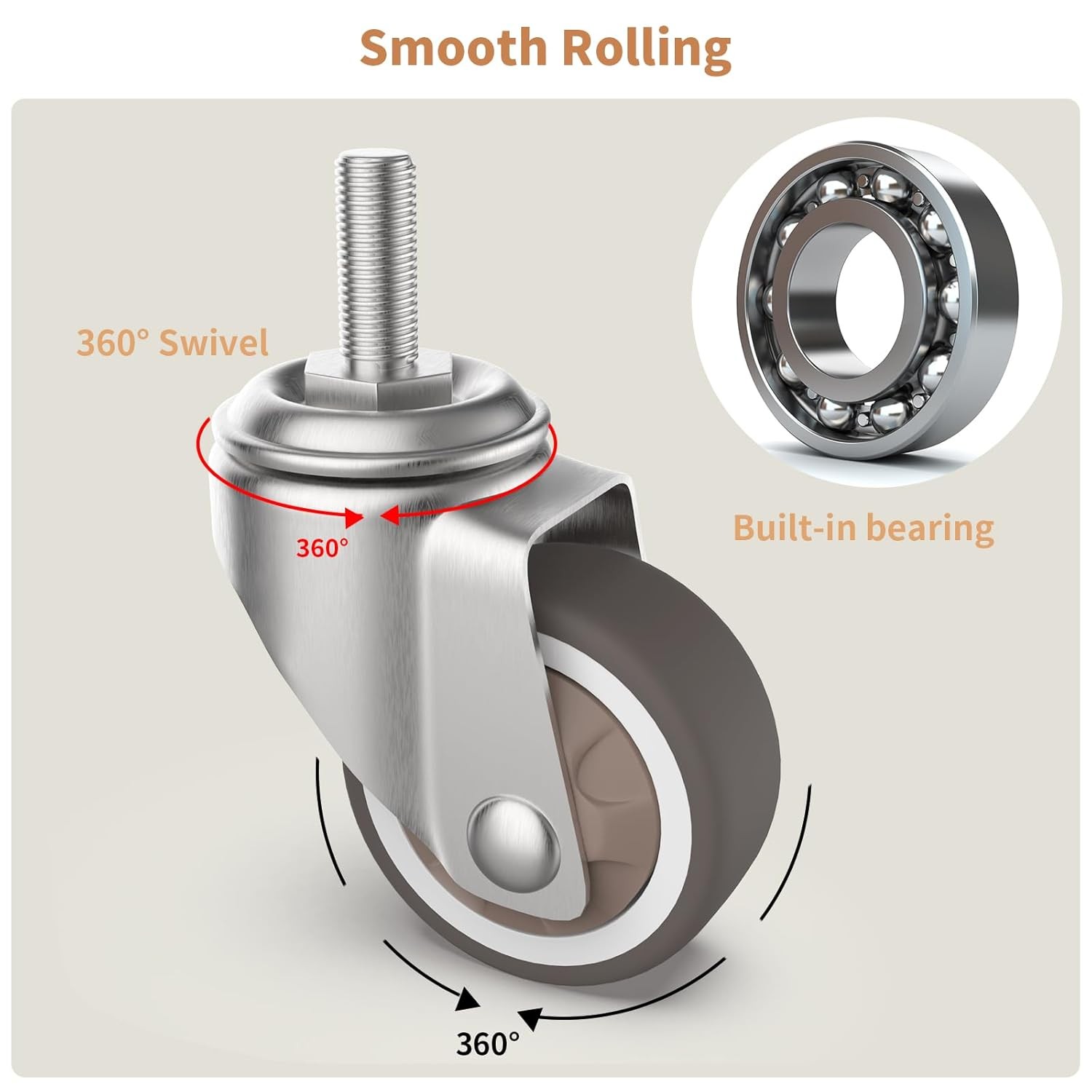 4pc 1.25″ M6 Threaded Stem Caster Wheels Swivel TPR Rubber Silent Furniture 1.25