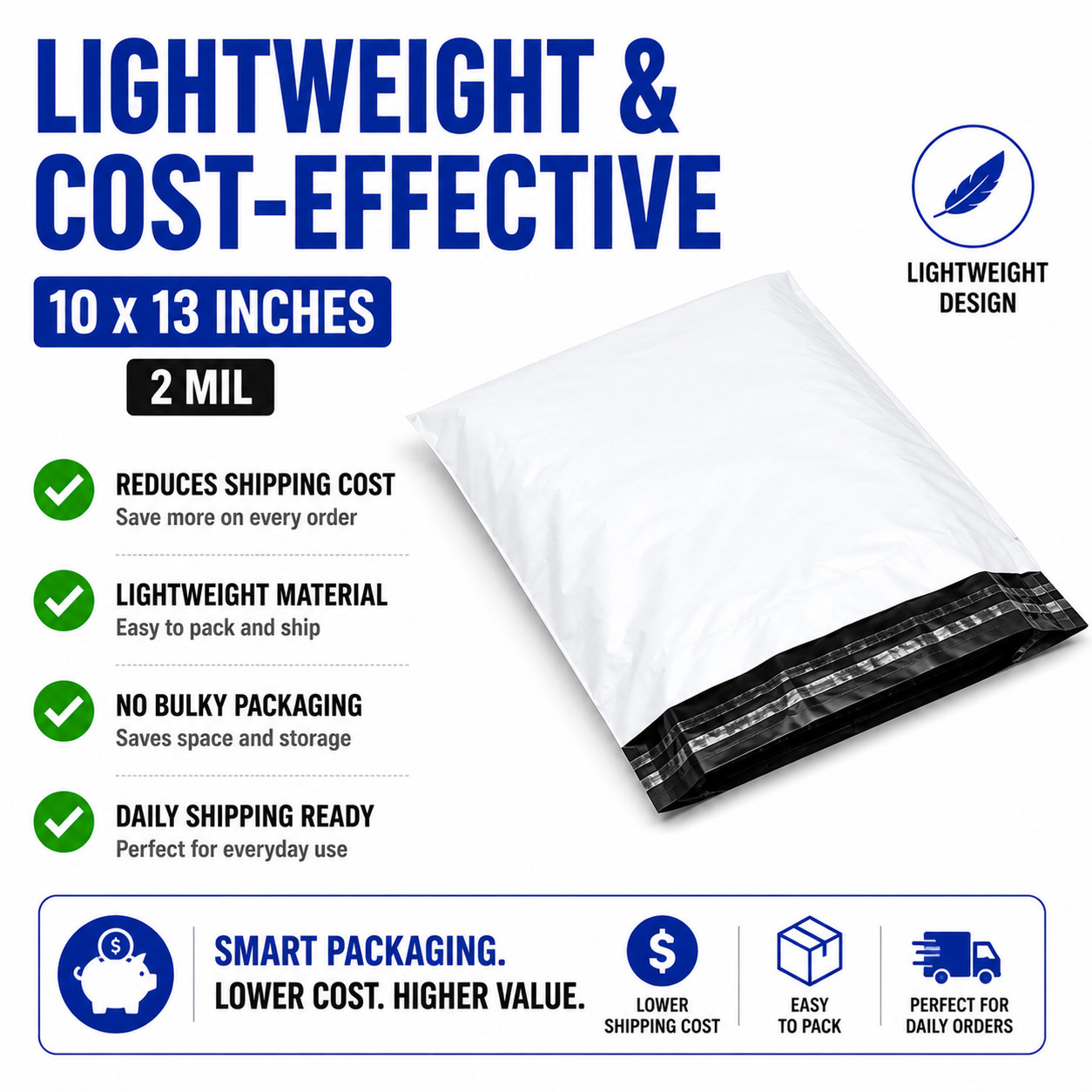 10×13 Poly Mailers 2 Mil White Shipping Bags Self Seal Waterproof Bulk Packs