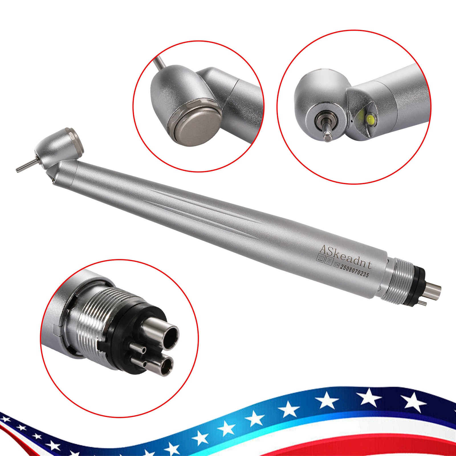 Dental 45 Degree 45° Angle LED E-generator High Speed Handpiece 4 holes ASkeadnt