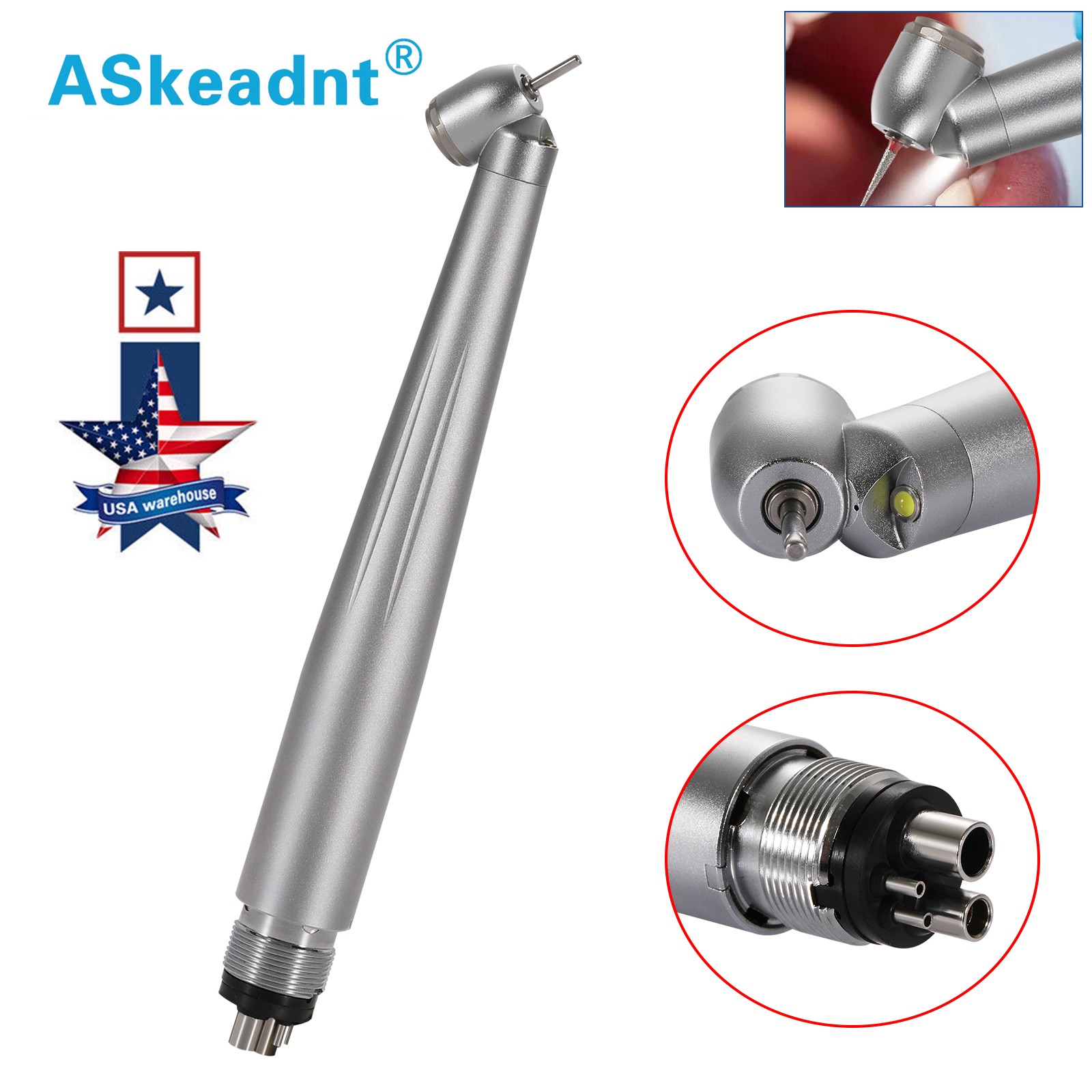 Dental 45 Degree 45° Angle LED E-generator High Speed Handpiece 4 holes ASkeadnt