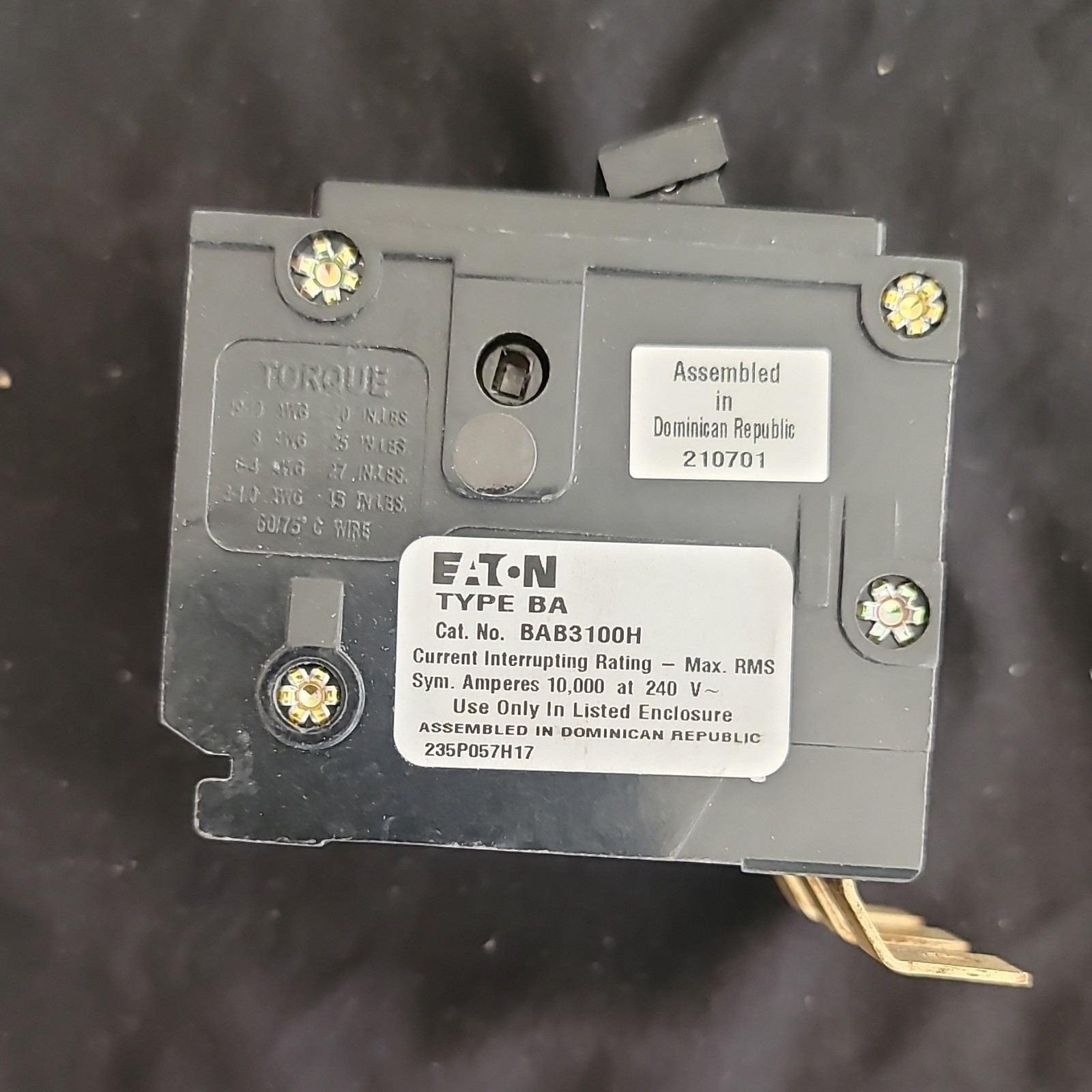 Eaton Type BA BAB3100H 3-Pole 100A 240V AC Common Trip Circuit Breaker